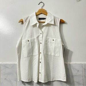Jordache White Medium Linen Blend Sleeveless Button Down Minimalist Casual Top